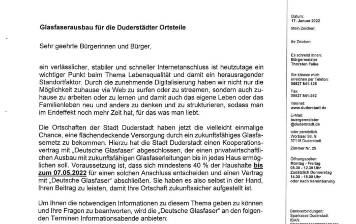 Glasfaserausbau 2022 Mingerode Informationsschreiben Stadt Duderstadt 1